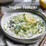 Vegan Tzatziki in ceramic bowl with cucumber dill lemon and olive oil drizzle