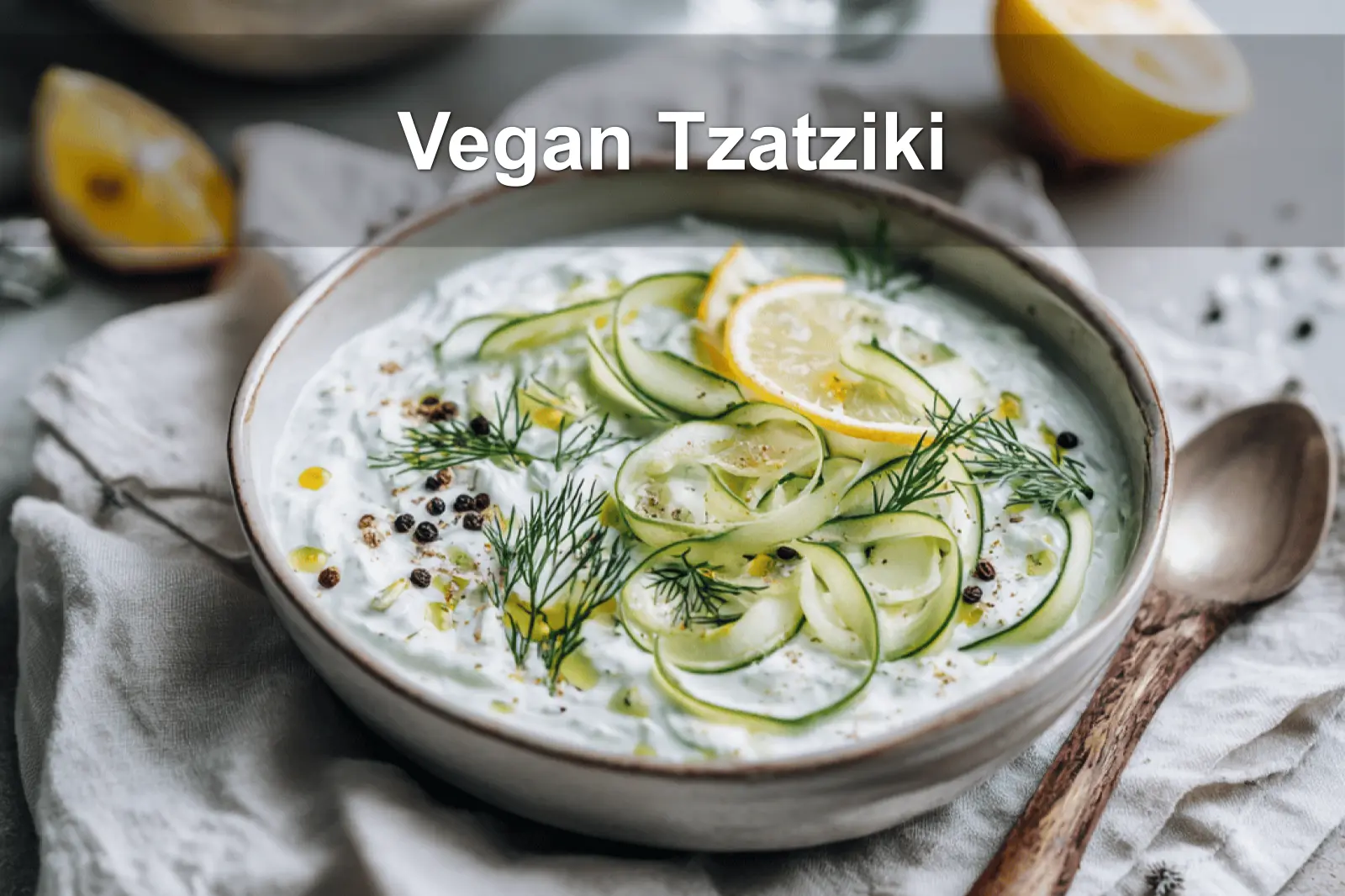 Vegan Tzatziki in ceramic bowl with cucumber dill lemon and olive oil drizzle