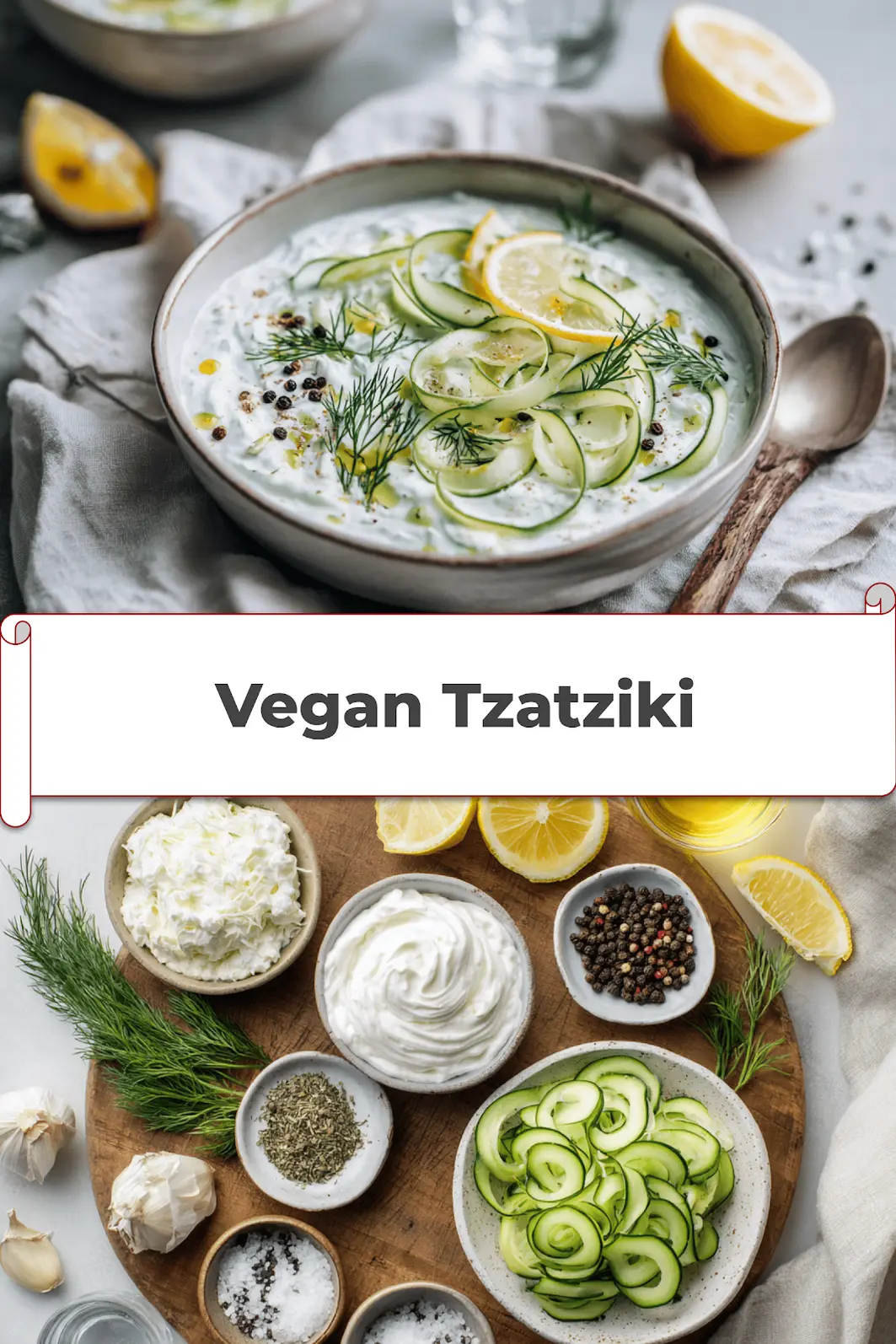 Vegan Tzatziki in ceramic bowl with cucumber dill lemon and olive oil drizzle_pin