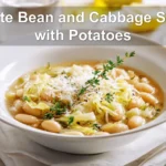 White Bean and Cabbage Soup with Potatoes in rustic bowl garnished with thyme and grated cheese