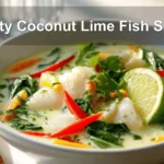 Zesty Coconut Lime Fish Soup in creamy broth garnished with lime zest and herbs