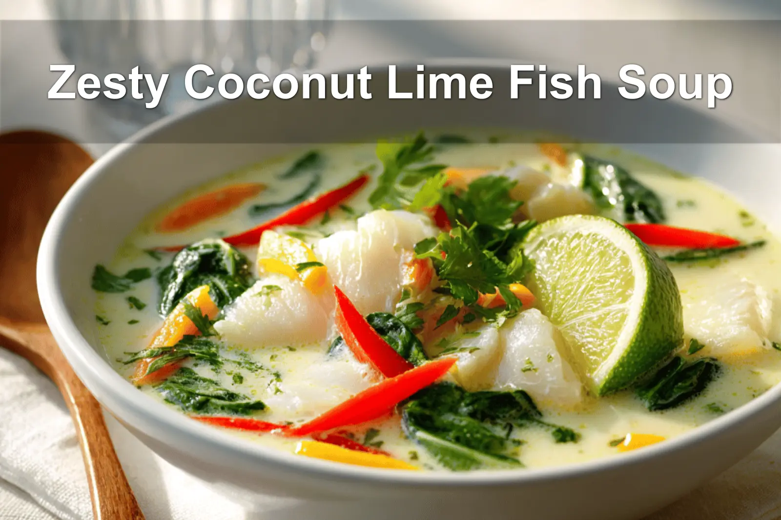 Zesty Coconut Lime Fish Soup in creamy broth garnished with lime zest and herbs
