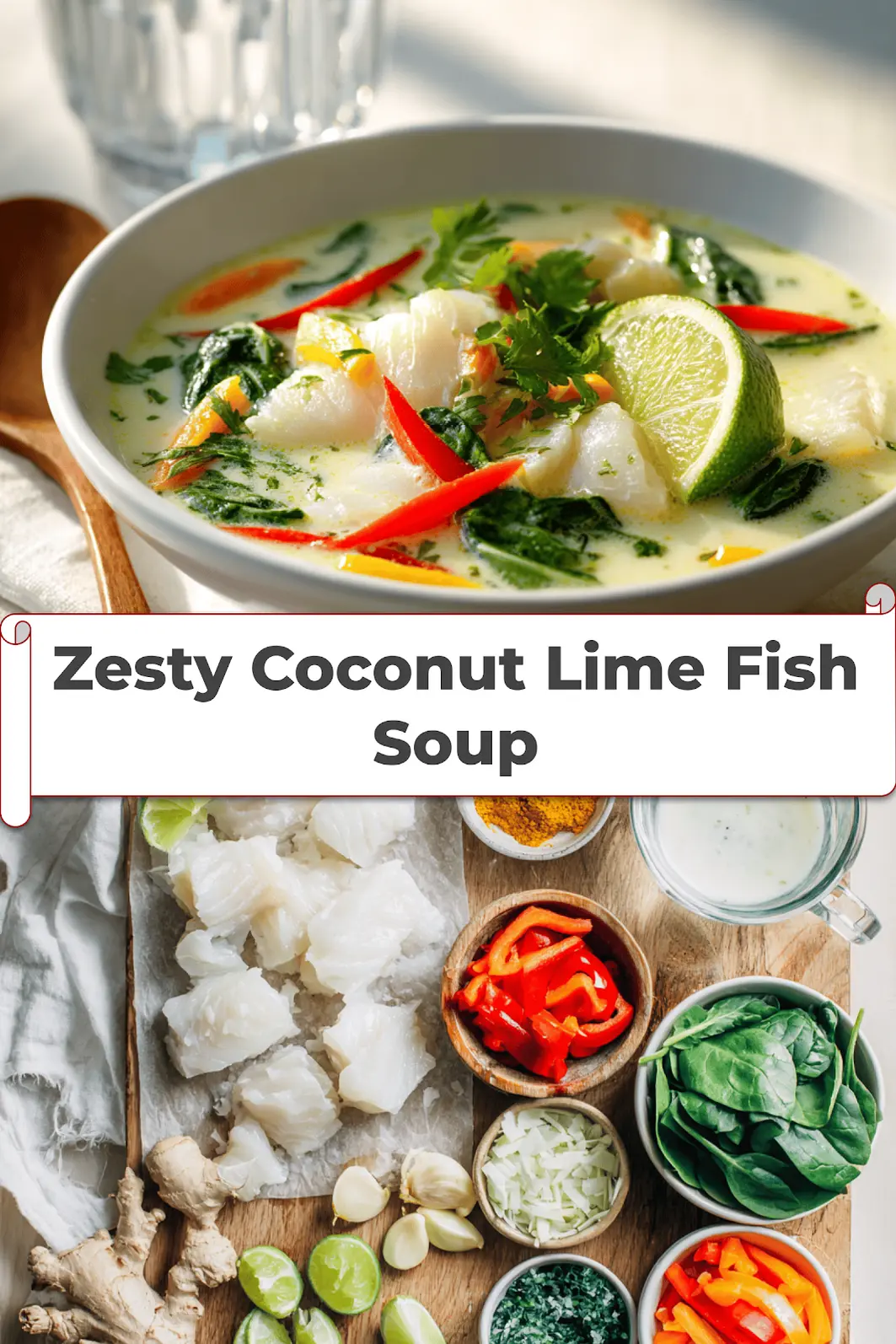 Zesty Coconut Lime Fish Soup Perfect for Any Day 5 Zesty Coconut Lime Fish Soup in creamy broth garnished with lime zest and herbs_pin