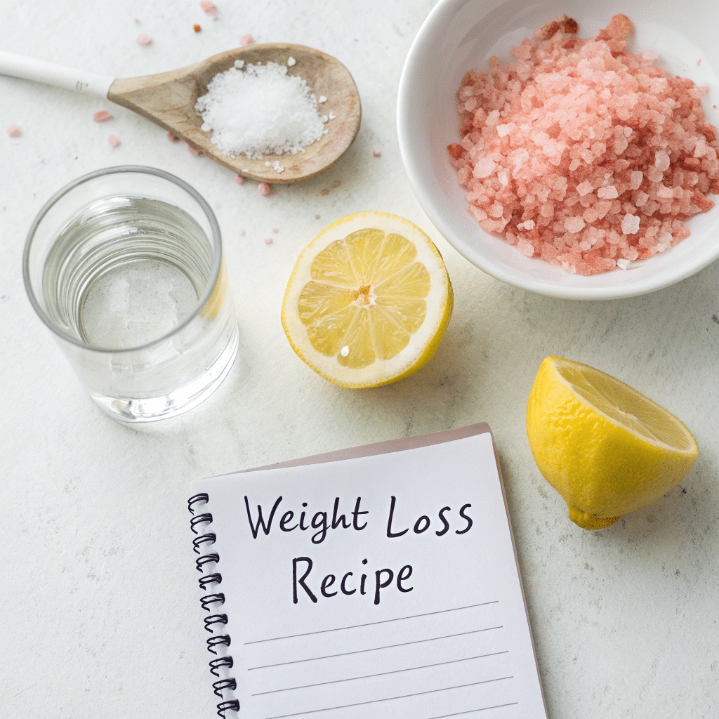 Flat lay of pink salt, a lemon, and water for a weight loss recipe.