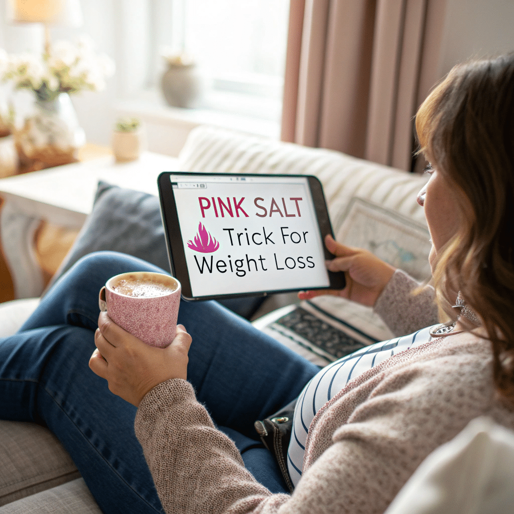 A person on a couch reading a tablet with a pink salt drink nearby, a visual for weight loss reviews