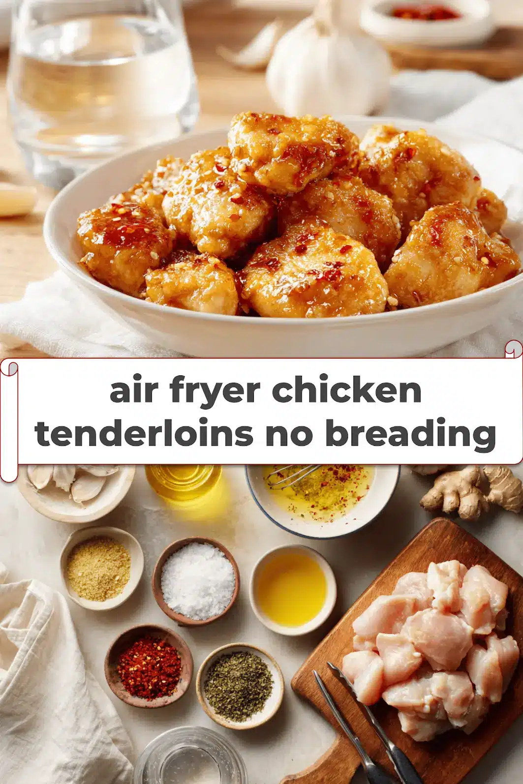 Air Fryer Chicken Tenderloins No Breading: Easy & Delicious Tips 5 air fryer chicken tenderloins no breading plated golden glazed pieces with red pepper flakes_pin