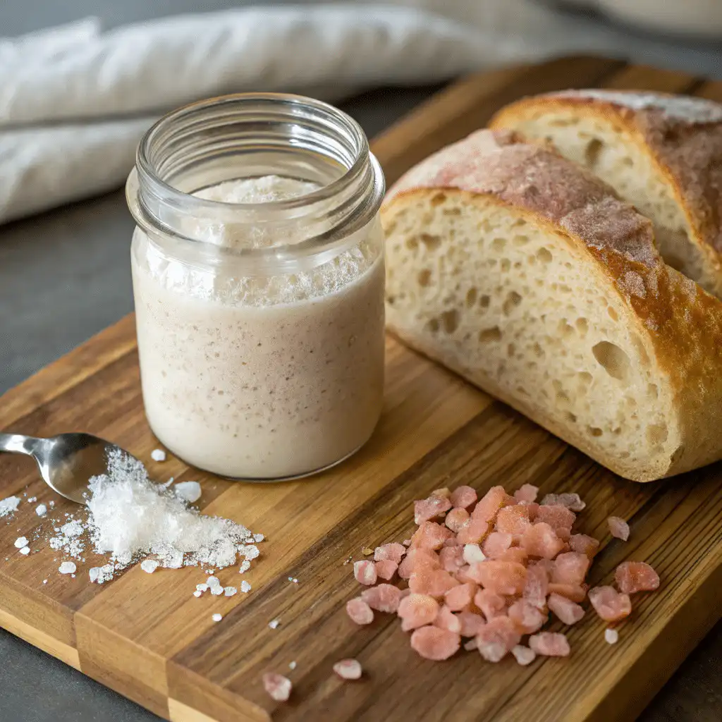 Sourdough starter, pink salt, and bread
