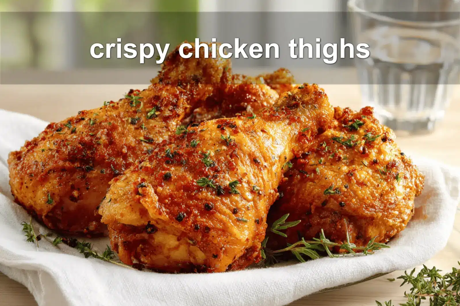 Crispy chicken thighs plated on white cloth with clear glass of water warm natural light