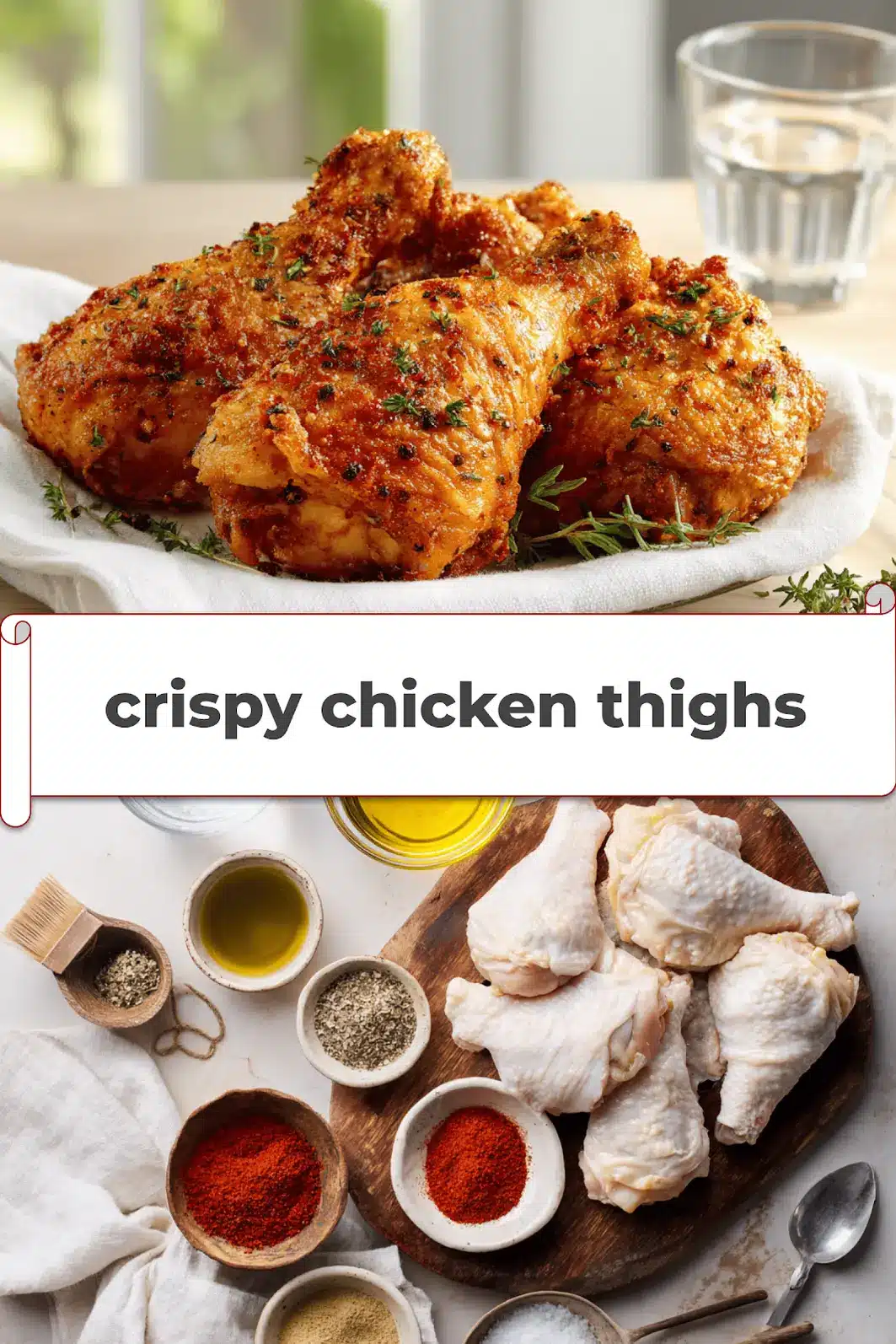 Crispy Chicken Thighs: Easy and Delicious Recipe 5 Crispy chicken thighs plated on white cloth with clear glass of water warm natural light_pin