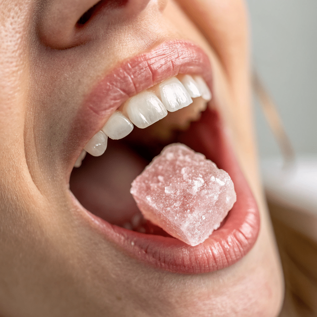 Macro photo of a small pink salt crystal placed under a person’s tongue.