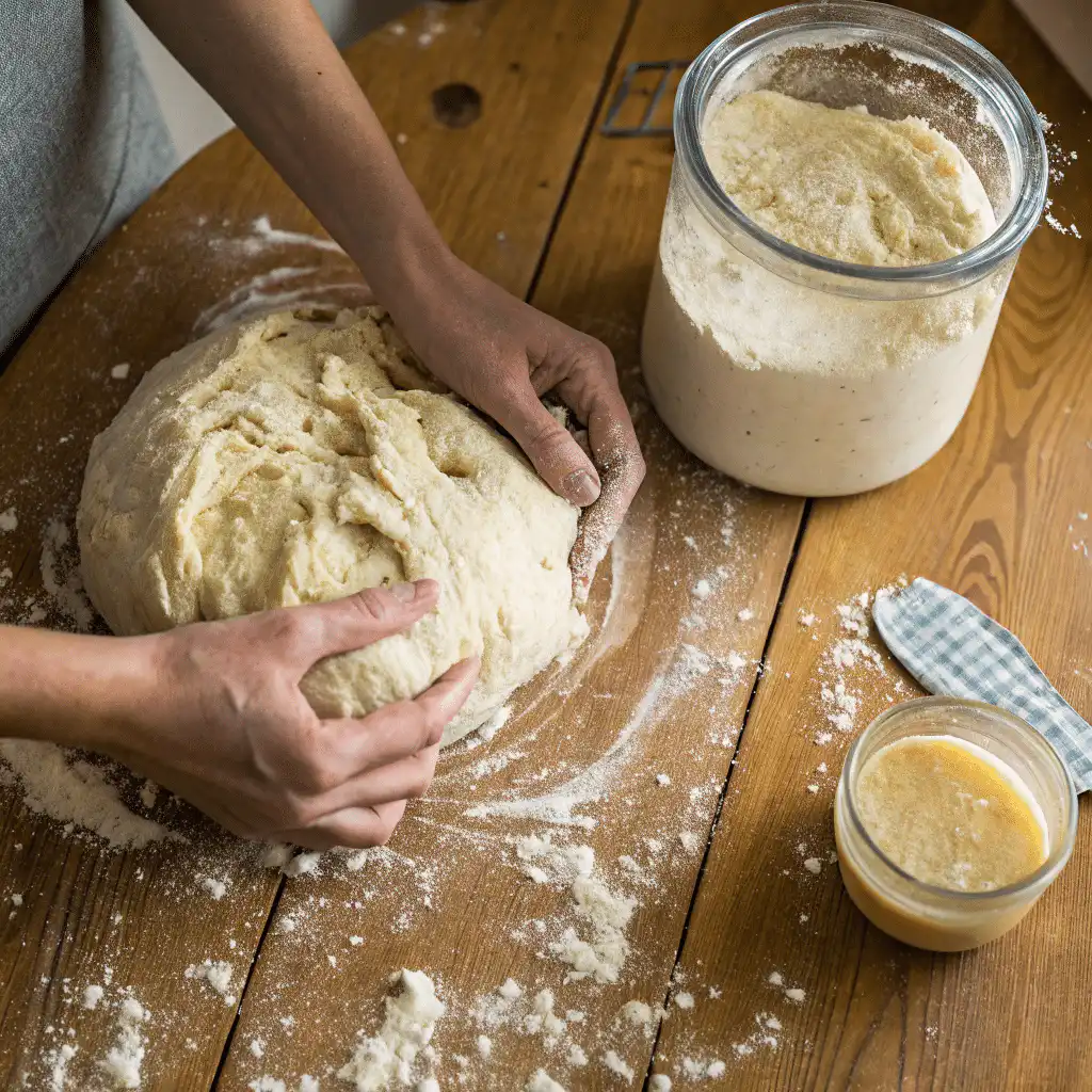 7 Essential Steps to Mastering Your Sourdough Starter: From Feeding to Troubleshooting 6 Thick sourdough starter being kneaded by hand on floured wooden surface