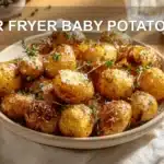 AIR FRYER BABY POTATOES golden roasted baby potatoes on white napkin with water glass