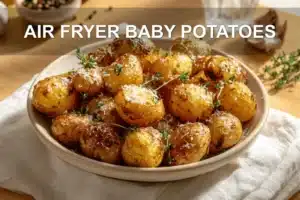 AIR FRYER BABY POTATOES golden roasted baby potatoes on white napkin with water glass
