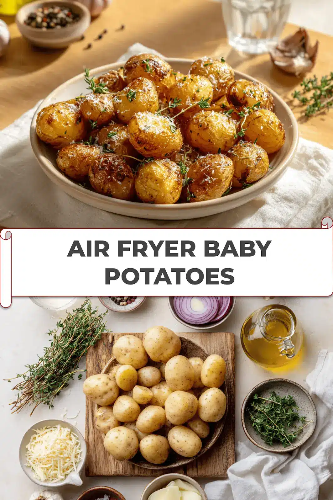 AIR FRYER BABY POTATOES: Easy and Delicious Recipe 5 AIR FRYER BABY POTATOES golden roasted baby potatoes on white napkin with water glass_pin