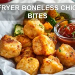 AIR FRYER BONELESS CHICKEN BITES plated close up with roasted vegetables and dipping sauces warm light