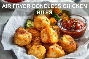 AIR FRYER BONELESS CHICKEN BITES plated close up with roasted vegetables and dipping sauces warm light