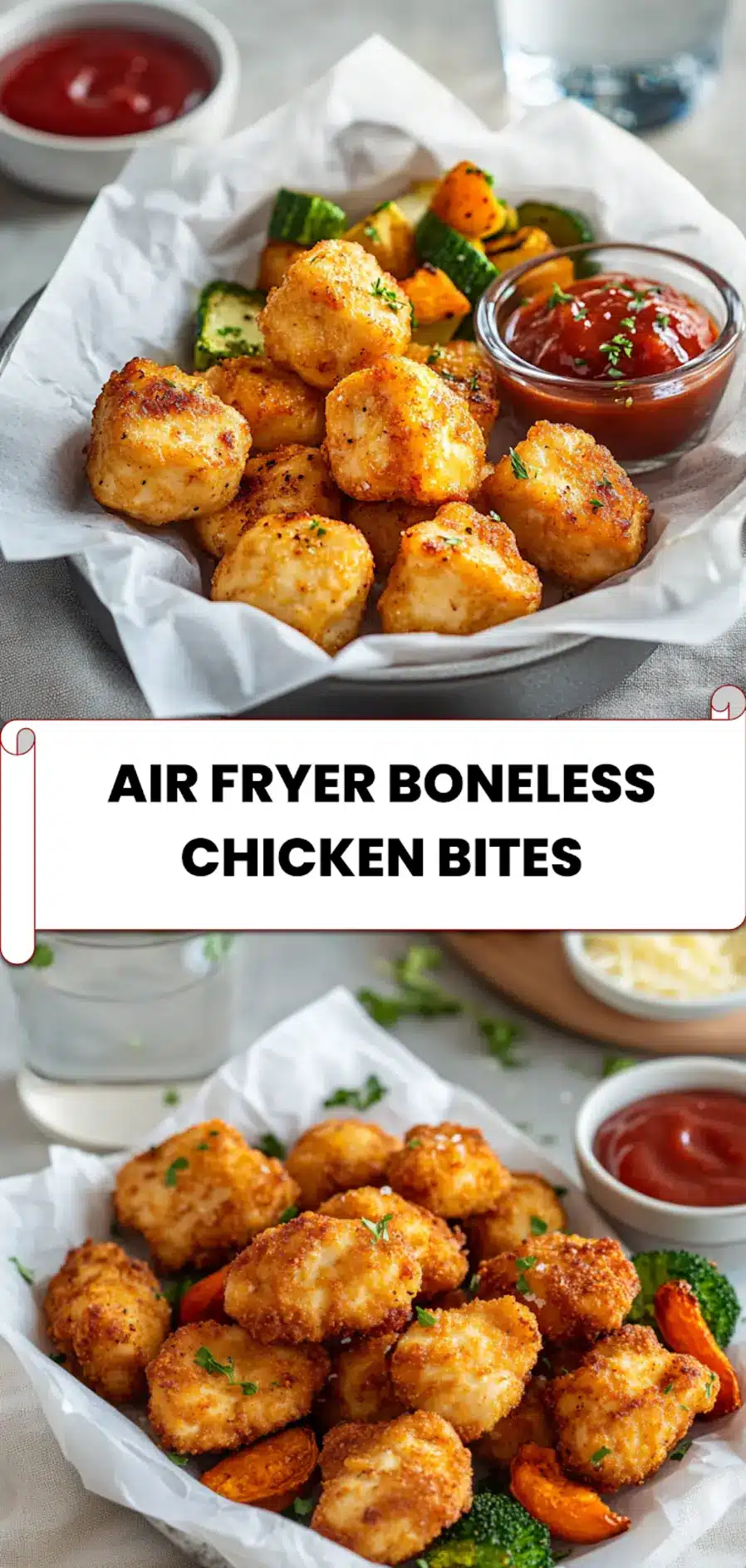 Air Fryer Boneless Chicken Bites: Easy and Delicious 5 Plated air fryer boneless chicken bites served with roasted vegetables and dipping sauces, styled for Pinterest