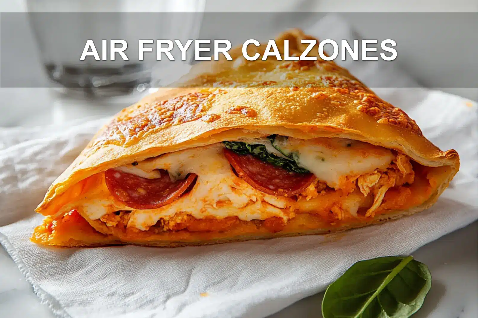 Golden brown air fryer calzones filled with cheese and meat.