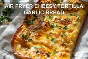 AIR FRYER CHEESY TORTILLA GARLIC BREAD melted cheese golden edges fresh herbs on napkin