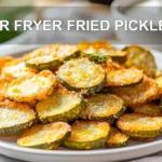 AIR FRYER FRIED PICKLES golden crispy chips with dill and creamy dip in warm light