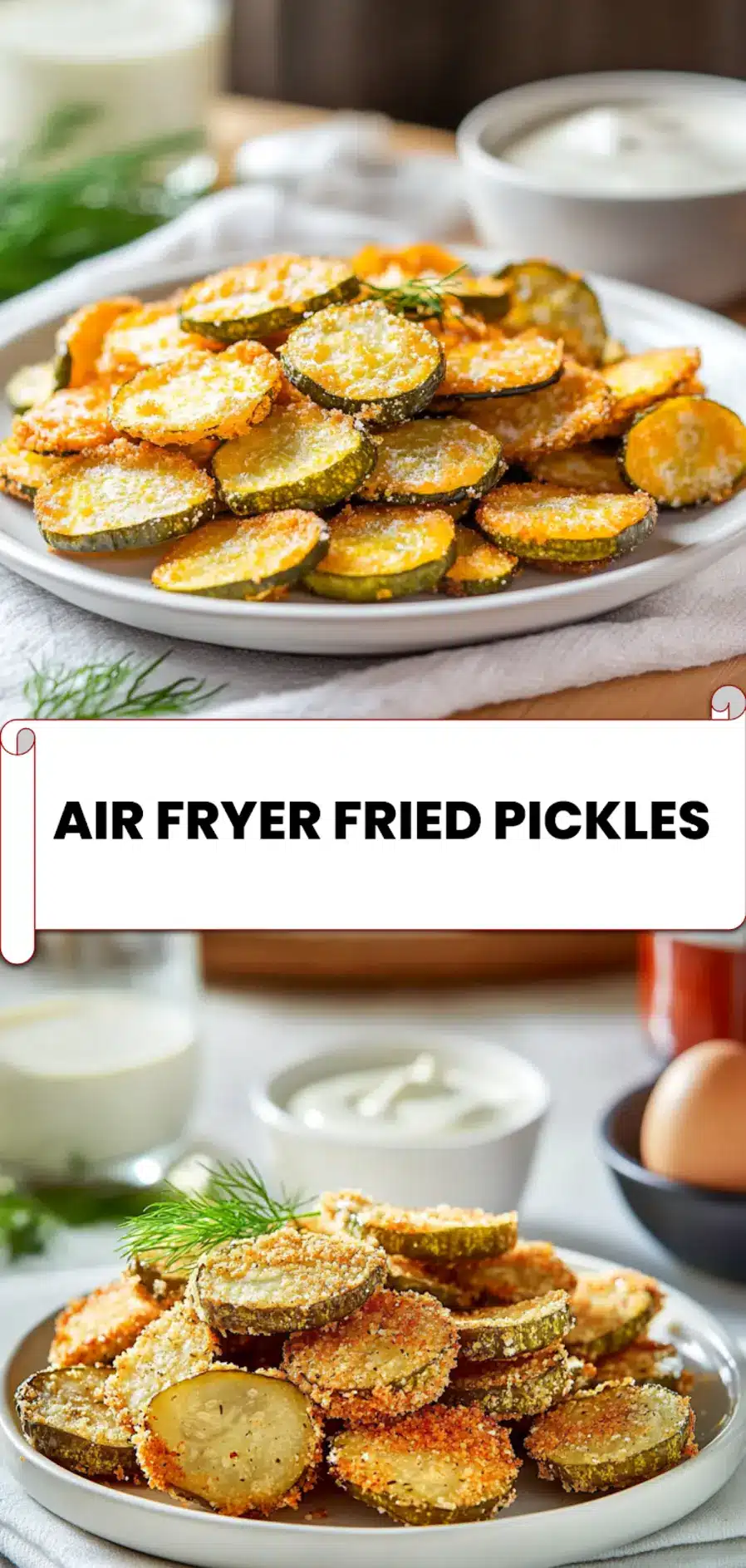Air Fryer Fried Pickles: Perfect Recipe for Delicious Snacking 5 Crispy air fryer fried pickles stacked on white plate with creamy dip and dill garnish