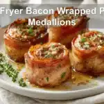 Air Fryer Bacon-Wrapped Pork Medallions: Irresistibly Easy Recipe 6 Air Fryer Bacon Wrapped Pork Medallions on white napkin with glass of water warm lighting