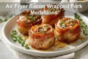 Air Fryer Bacon Wrapped Pork Medallions on white napkin with glass of water warm lighting