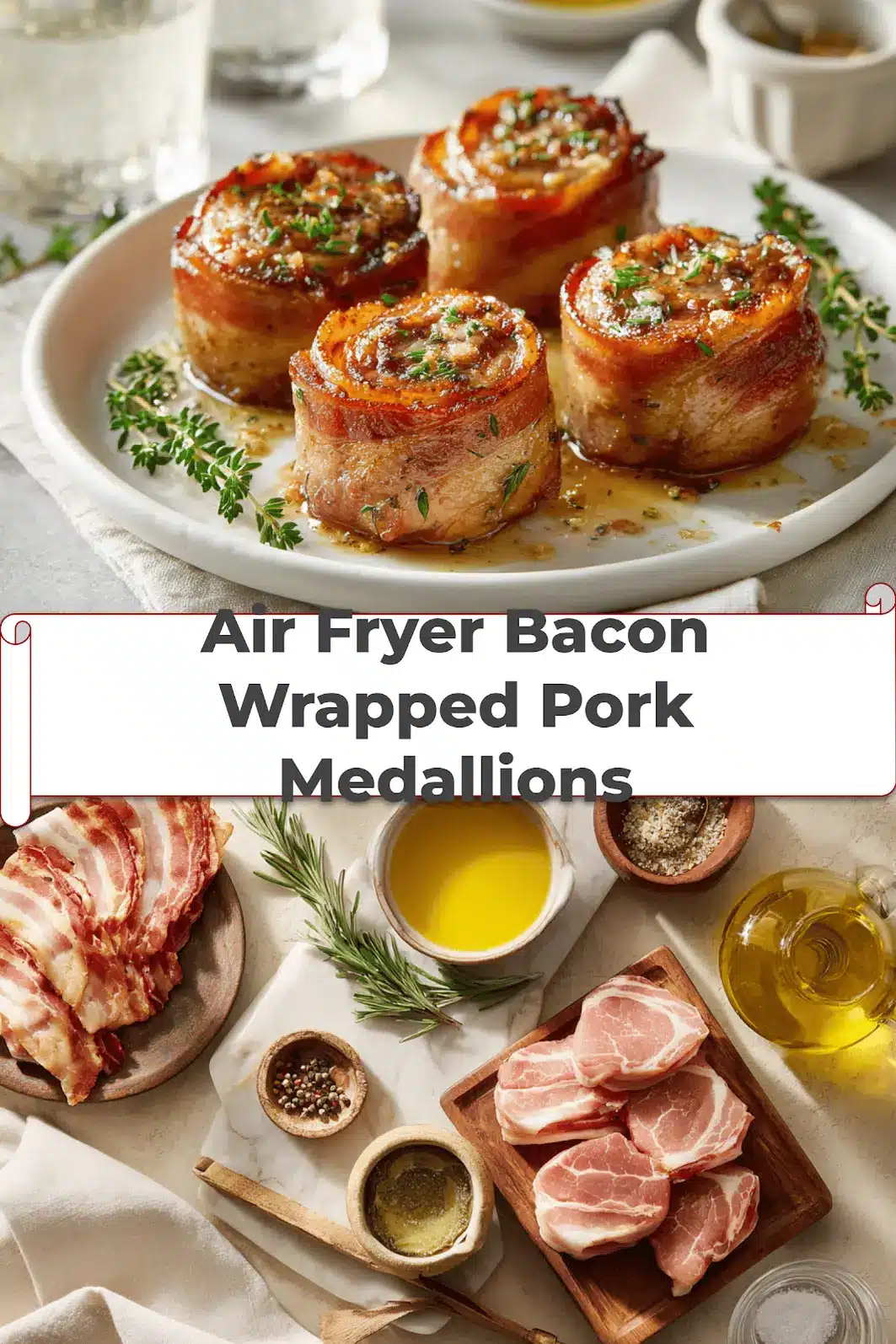 Air Fryer Bacon-Wrapped Pork Medallions: Irresistibly Easy Recipe 5 Air Fryer Bacon Wrapped Pork Medallions on white napkin with glass of water warm lighting_pin