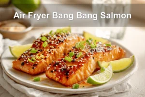 Air Fryer Bang Bang Salmon plated with sesame seeds lime wedges and green onions