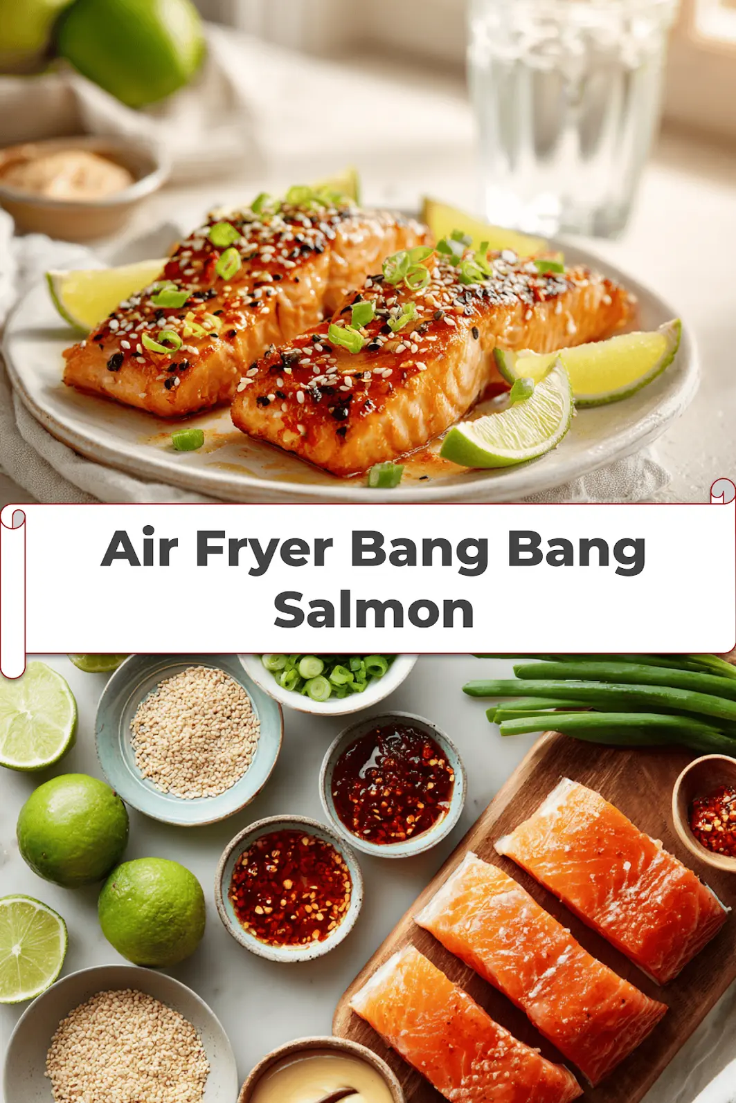 Air Fryer Bang Bang Salmon: Easy and Delicious Recipe 5 Air Fryer Bang Bang Salmon plated with sesame seeds lime wedges and green onions_pin