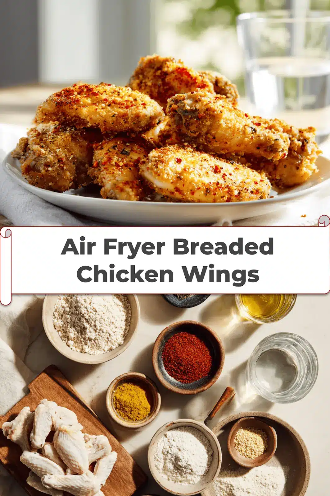 Air Fryer Breaded Chicken Wings: Easy and Delicious Tips 5 Air Fryer Breaded Chicken Wings plated with golden crust and simple glass of water_pin