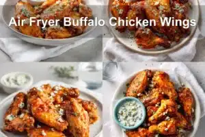Air Fryer Buffalo Chicken Wings on white napkin with blue cheese dressing and water