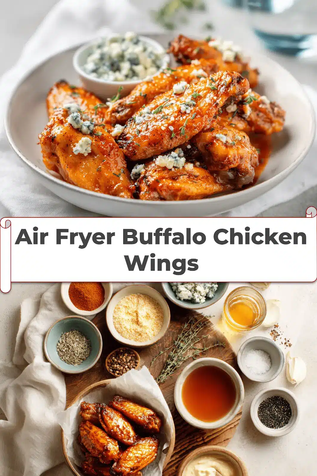 Air Fryer Buffalo Chicken Wings: Irresistible and Easy! 5 Air Fryer Buffalo Chicken Wings on white napkin with blue cheese dressing and water_pin