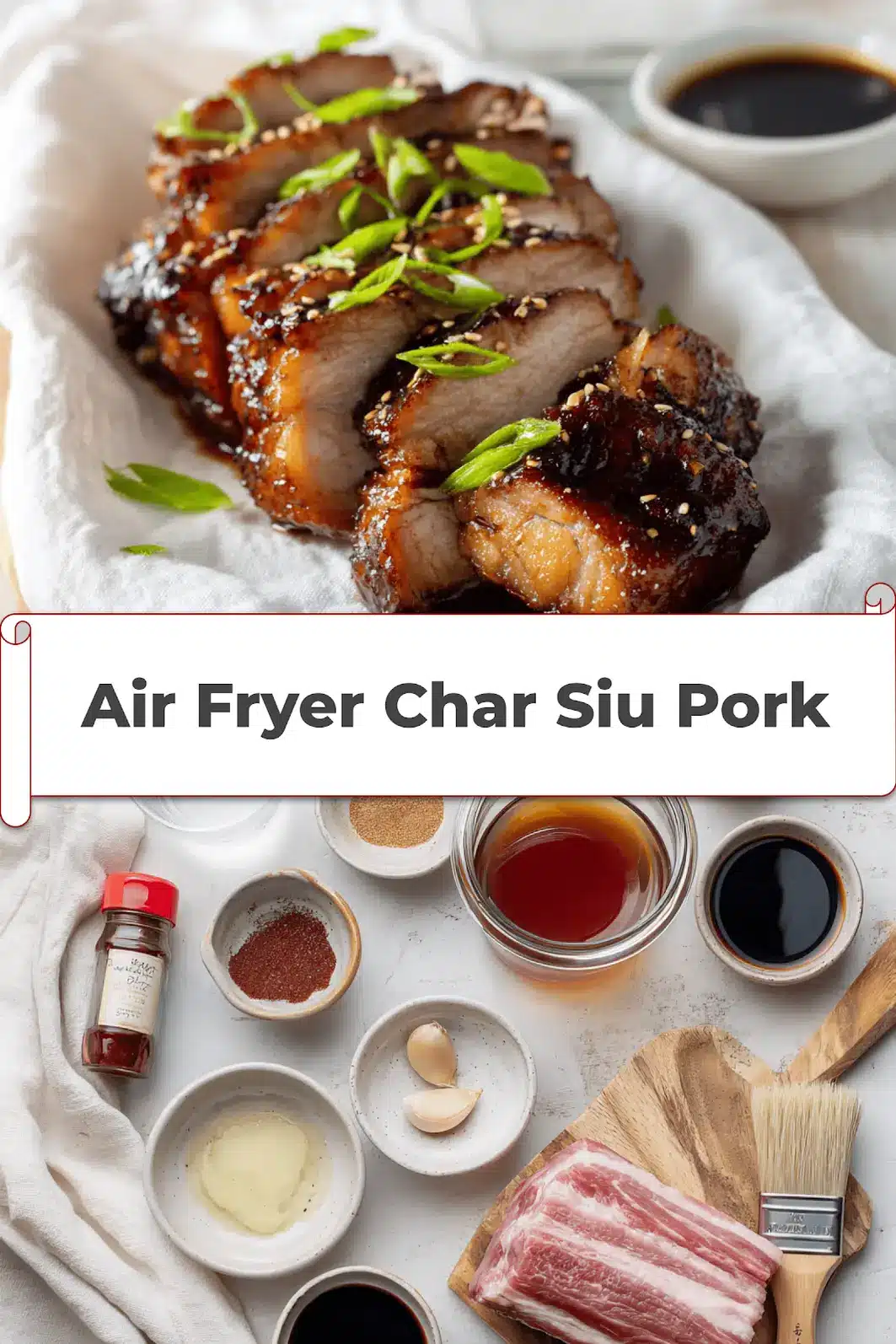 Air Fryer Char Siu Pork: Simple Delicious Recipe 5 Air Fryer Char Siu Pork sliced glazed on white napkin with clear glass of water_pin