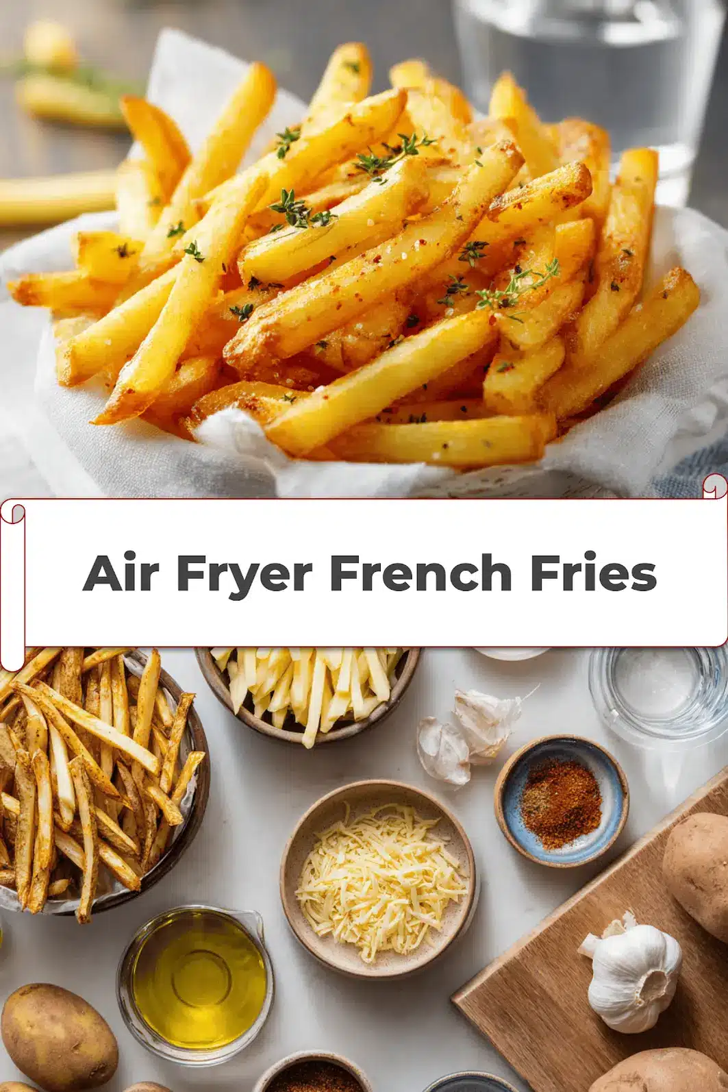 Air Fryer French Fries: Simple Tips for Delicious Snacks 5 Crispy Air Fryer French Fries on white napkin with clear water glass and warm tones_pin