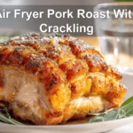 Air Fryer Pork Roast With Crackling golden skin on white napkin glass of water