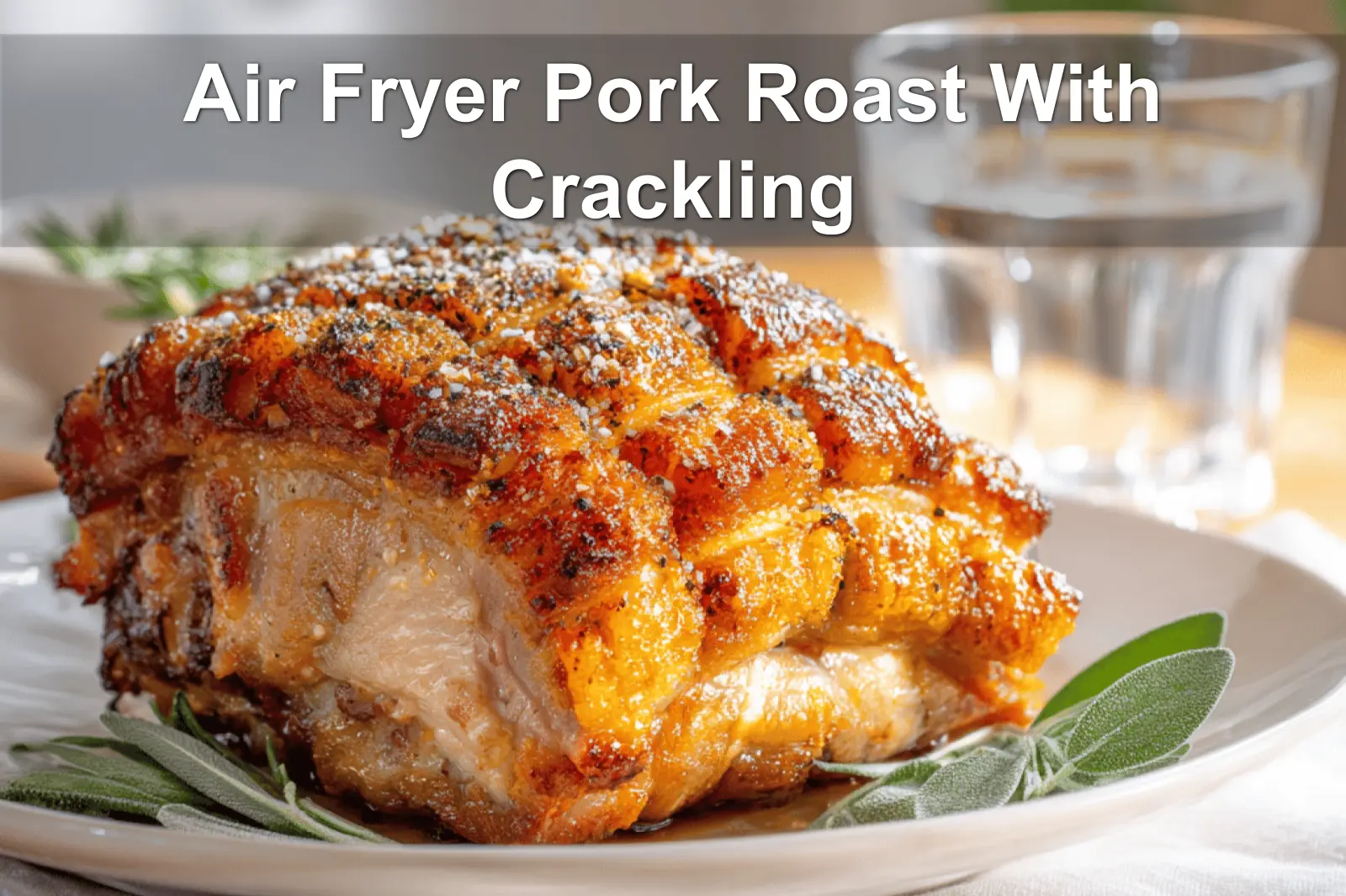 Air Fryer Pork Roast With Crackling golden skin on white napkin glass of water
