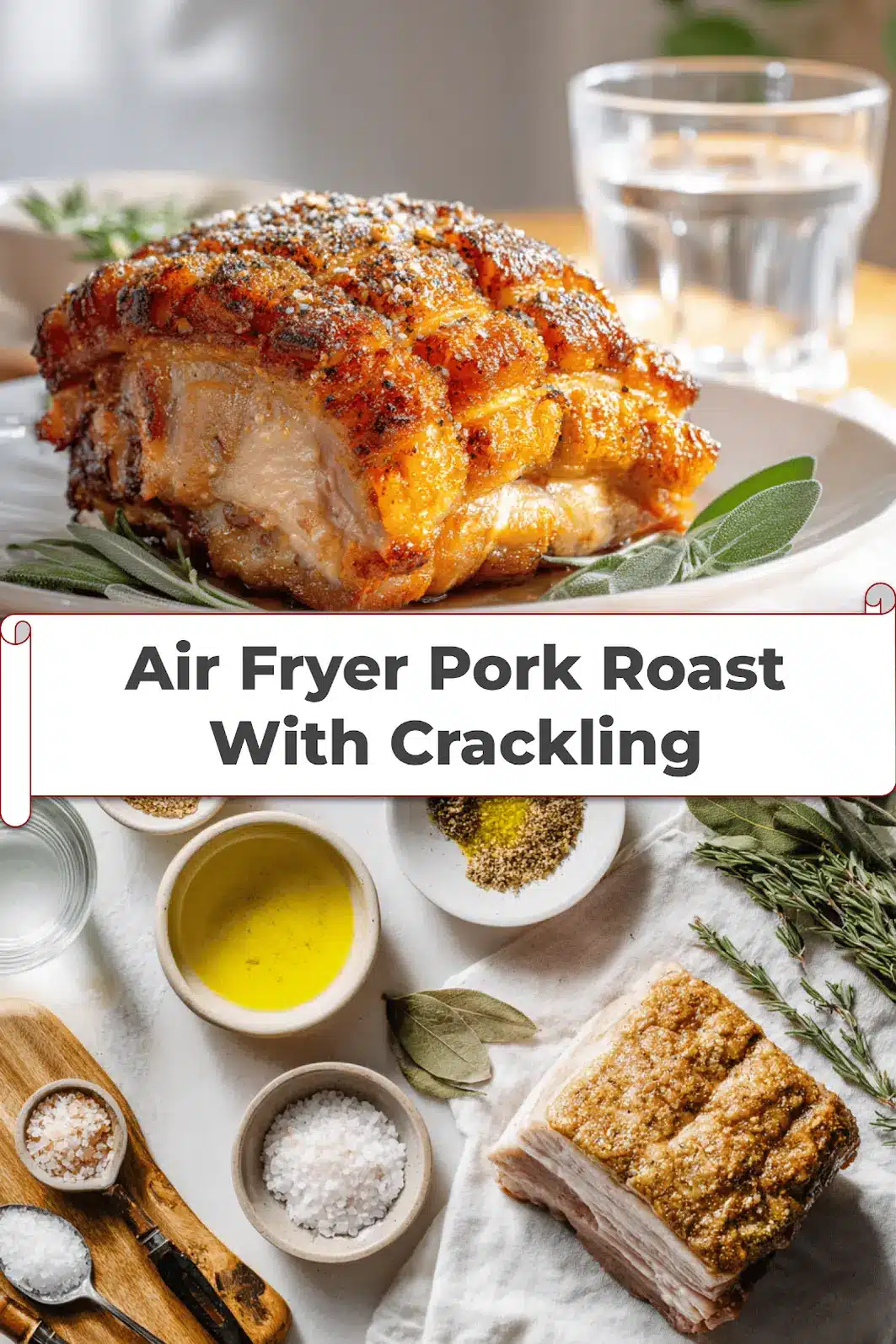 Air Fryer Pork Roast With Crackling golden skin on white napkin glass of water_pin