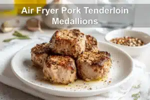 Air Fryer Pork Tenderloin Medallions plated on white napkin with glass of water and seasonings