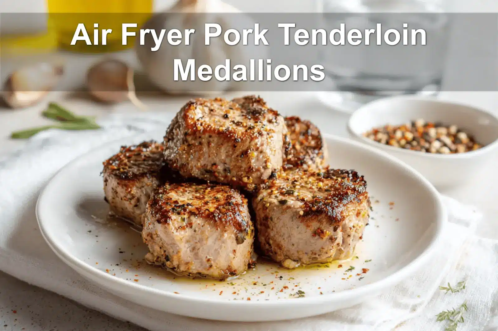 Air Fryer Pork Tenderloin Medallions plated on white napkin with glass of water and seasonings