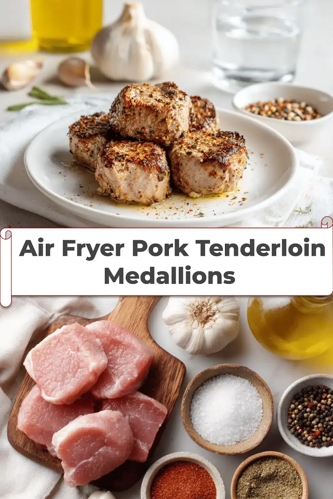 Air Fryer Pork Tenderloin Medallions: Easy Delicious Recipe 5 Air Fryer Pork Tenderloin Medallions plated on white napkin with glass of water and seasonings_pin