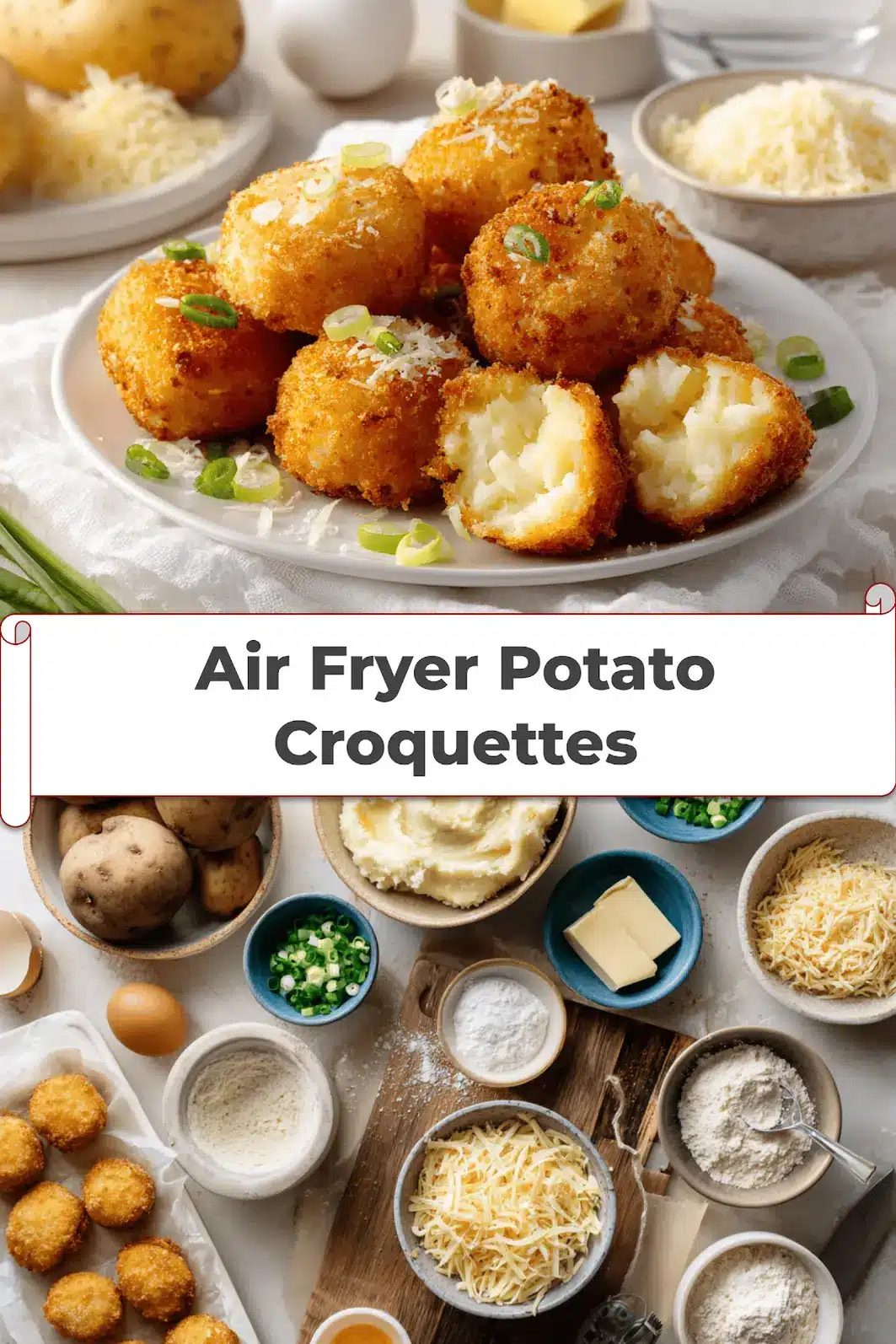 Air Fryer Potato Croquettes: Easy Delicious Recipe 5 Air Fryer Potato Croquettes golden crispy croquettes with melted cheese and green onions_pin