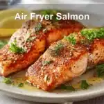 Air Fryer Salmon on ceramic plate with lemon wedges and fresh herbs