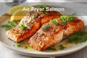 Air Fryer Salmon on ceramic plate with lemon wedges and fresh herbs