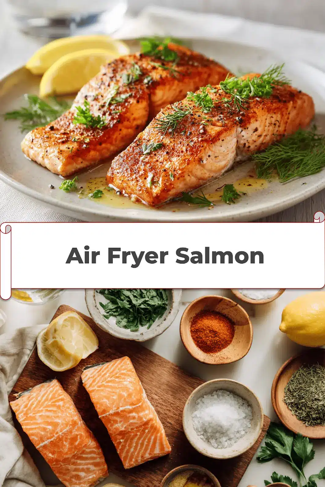 Air Fryer Salmon: Simple Delicious Recipe You'll Love 5 Air Fryer Salmon on ceramic plate with lemon wedges and fresh herbs_pin
