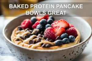 BAKED PROTEIN PANCAKE BOWLS GREAT finished bowl with berries peanut butter chocolate chips and syrup