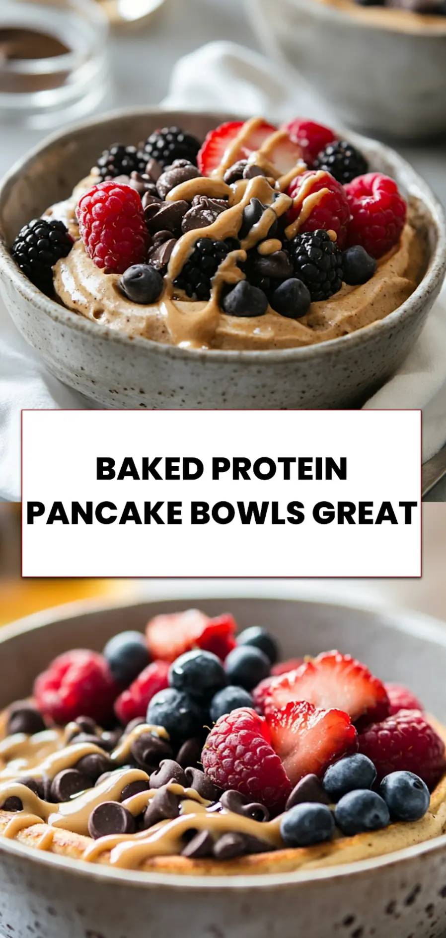 Baked Protein Pancake Bowls great: Easy and Delicious Magic 5 Finished baked protein pancake bowl with chocolate chips, syrup, and fresh fruit ready to serve
