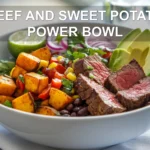 BEEF AND SWEET POTATO POWER BOWL with seared sirloin roasted sweet potato avocado black beans corn