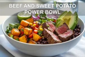BEEF AND SWEET POTATO POWER BOWL with seared sirloin roasted sweet potato avocado black beans corn