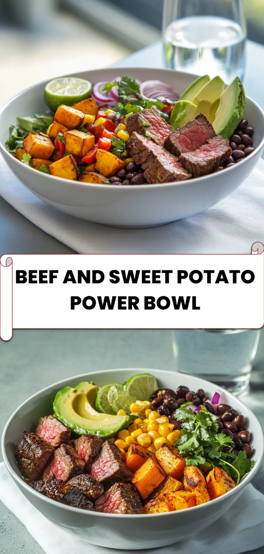 Beef and Sweet Potato Power Bowl: Delicious and Easy Recipe 5 Plated beef and sweet potato power bowl with seared beef, avocado, corn, black beans, and roasted vegetables - perfect for meal prep or weeknight dinners